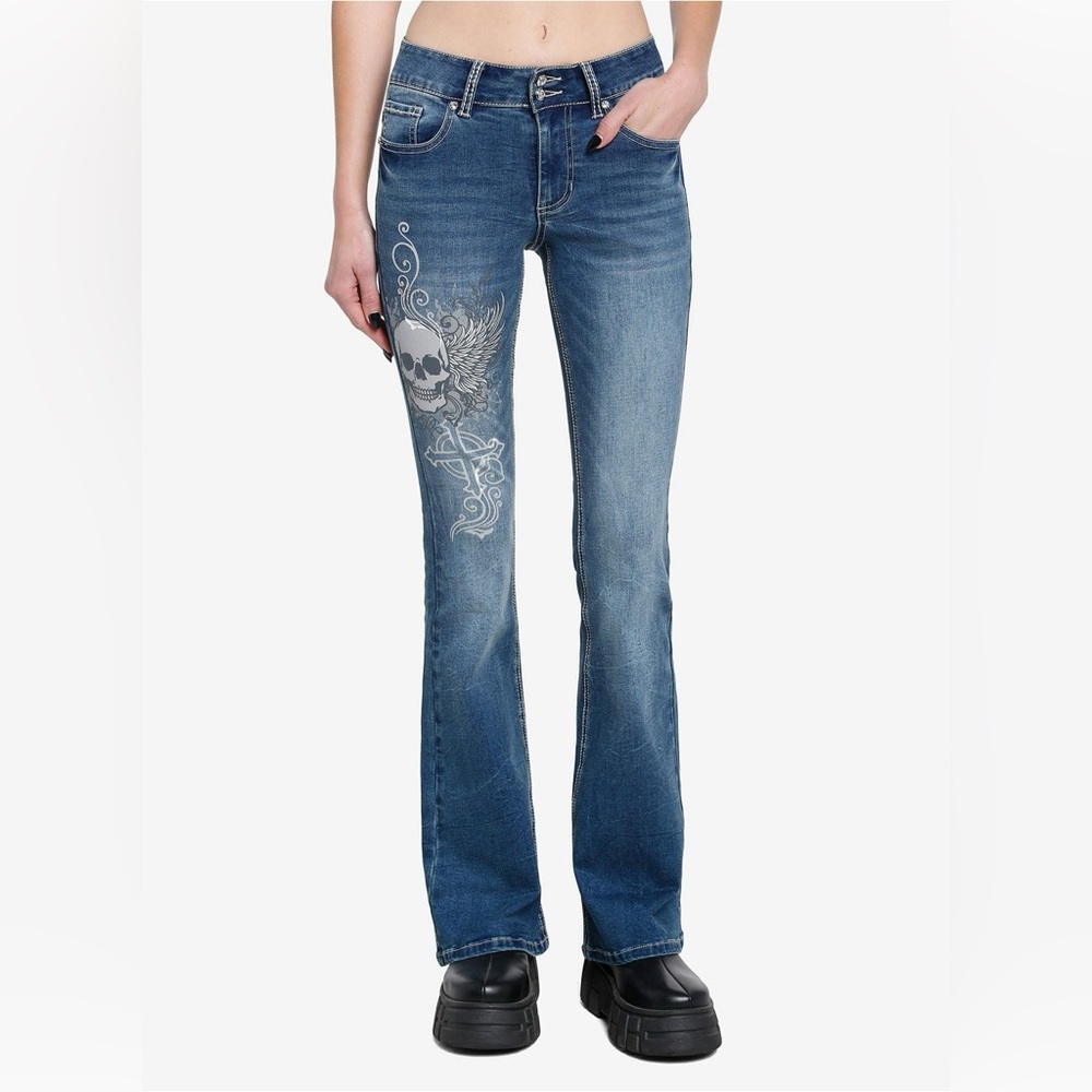 Hot topic winged Y2K skull cross flare denim jeans